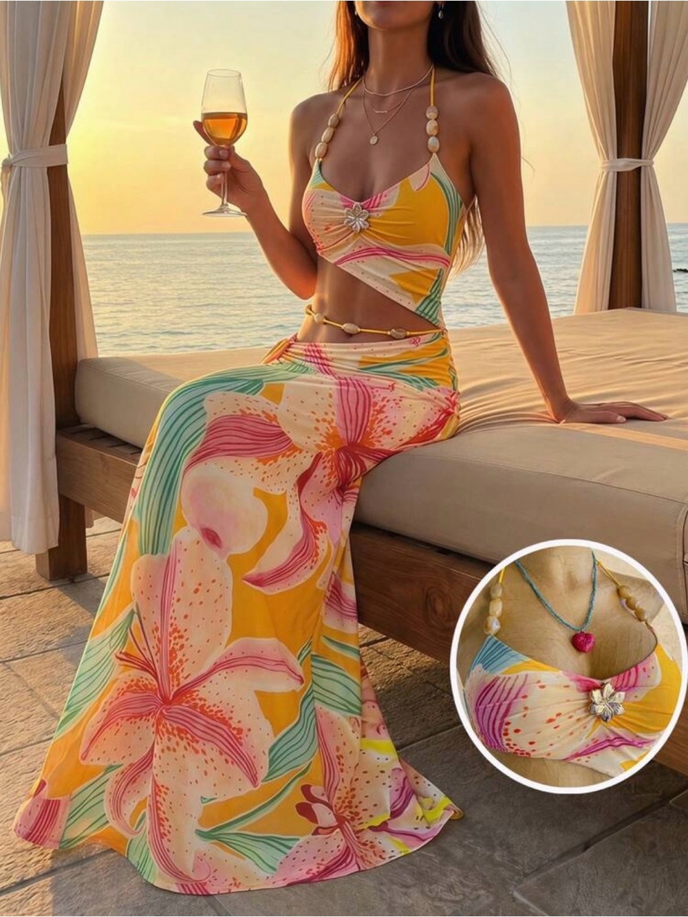 SHEIN Yellow Floral Halter Maxi Dress with Pink & Green Print. XS